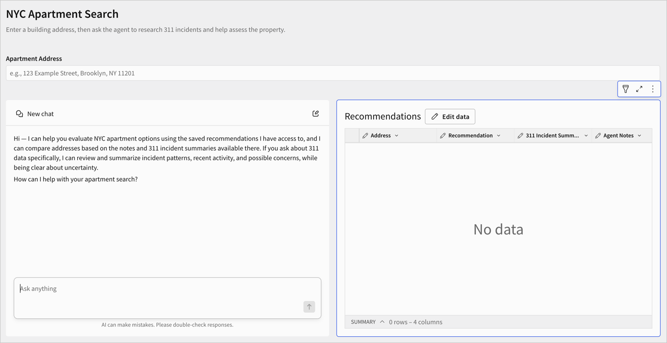The NYC Apartment Search workbook with an Apartment Address text input, a chat element for the agent, and an empty Recommendations input table.