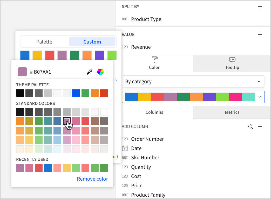 The color picker popover, with the cursor hovering over a light purple color with hex code B07AA1.
