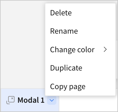 The modal menu with options for Delete, Rename, Change color, Duplicate, and Copy page.