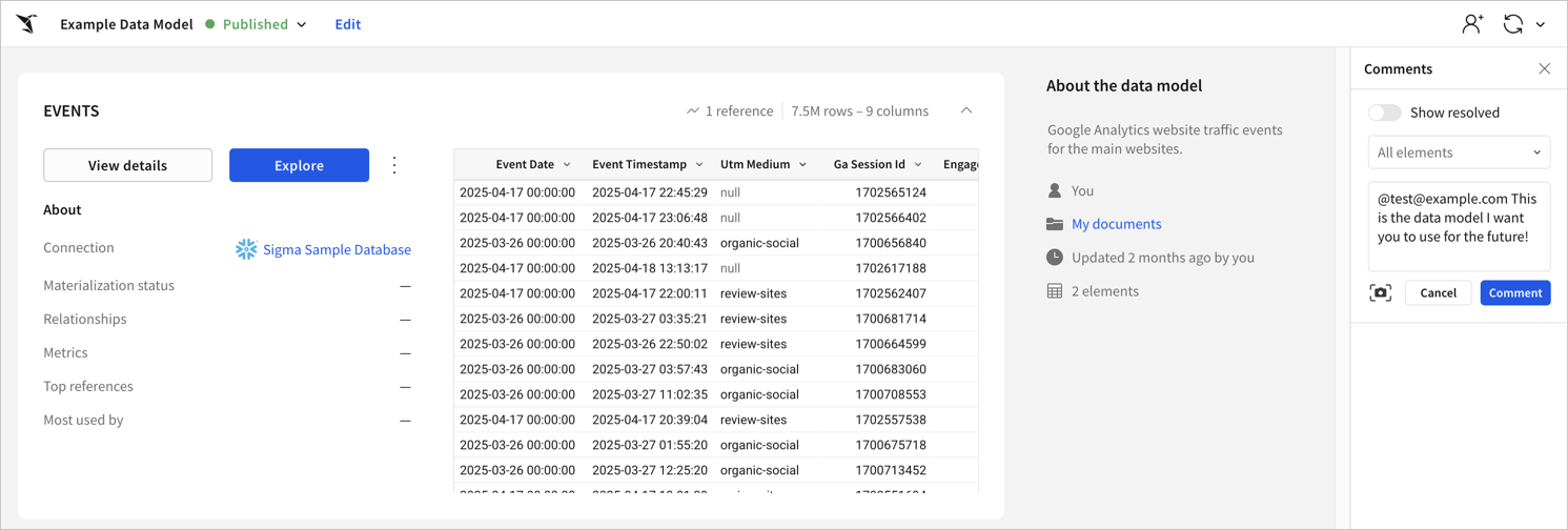 The Comments panel on the Example Data Model overview page, with a draft comment that mentions @test@example.com and the Comment button enabled.