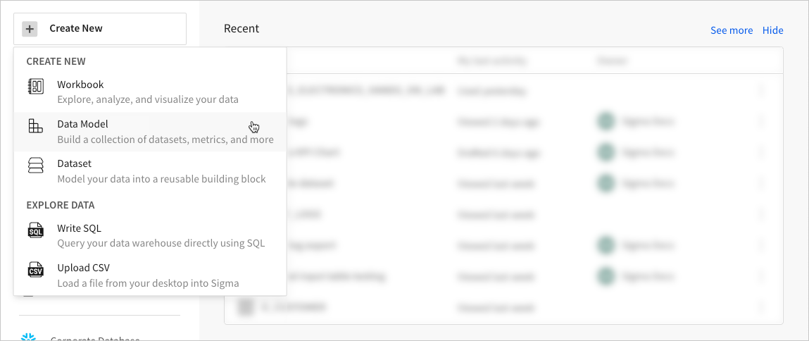 Create new dropdown showing Data Model in the list of options