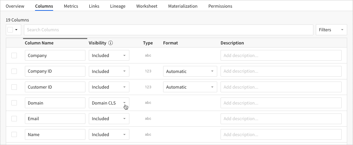 Domain column showing the Domain CLS user attribute as part of the visibility setting, while the other columns are shown as Included.