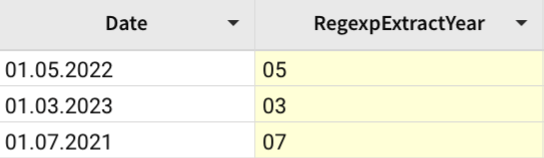 In a table with columns Date and RegexpExtract, the day is extracted. 01.05.2022 becomes 05