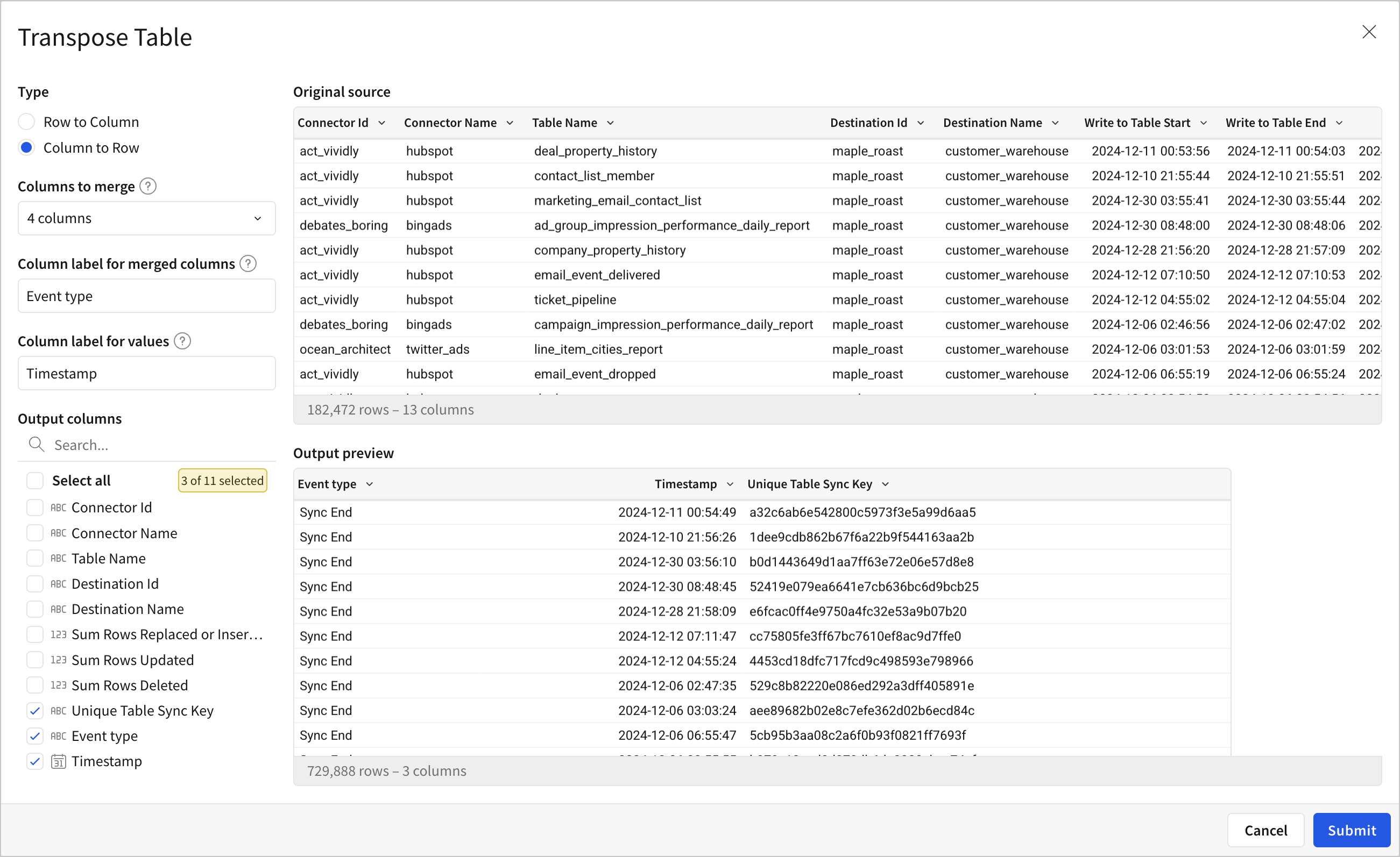 The Transpose Table modal set to Column to row, with 4 columns merged into Event type and Timestamp columns, and an output preview showing Event type, Timestamp, and Unique Table Sync Key columns.