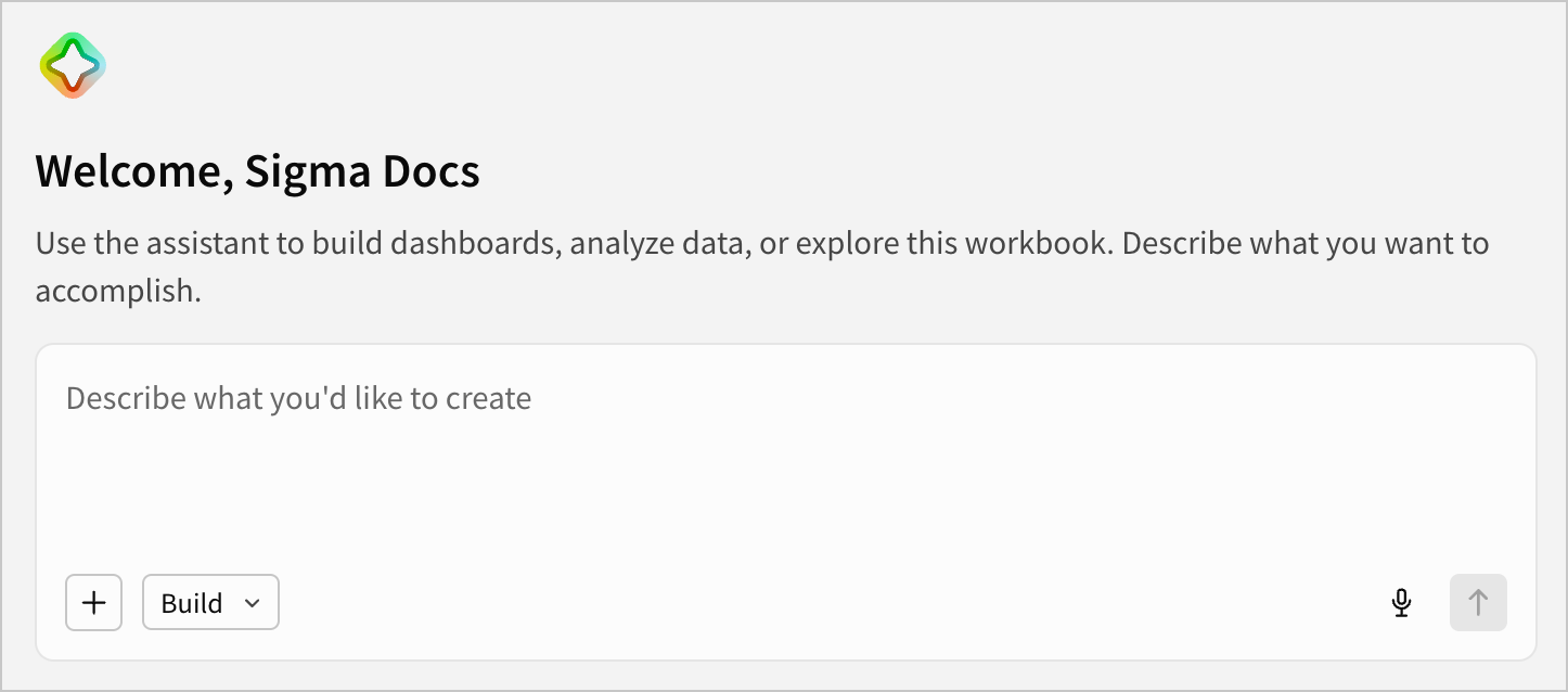 The empty state of a workbook showing the Assistant prompt bar.