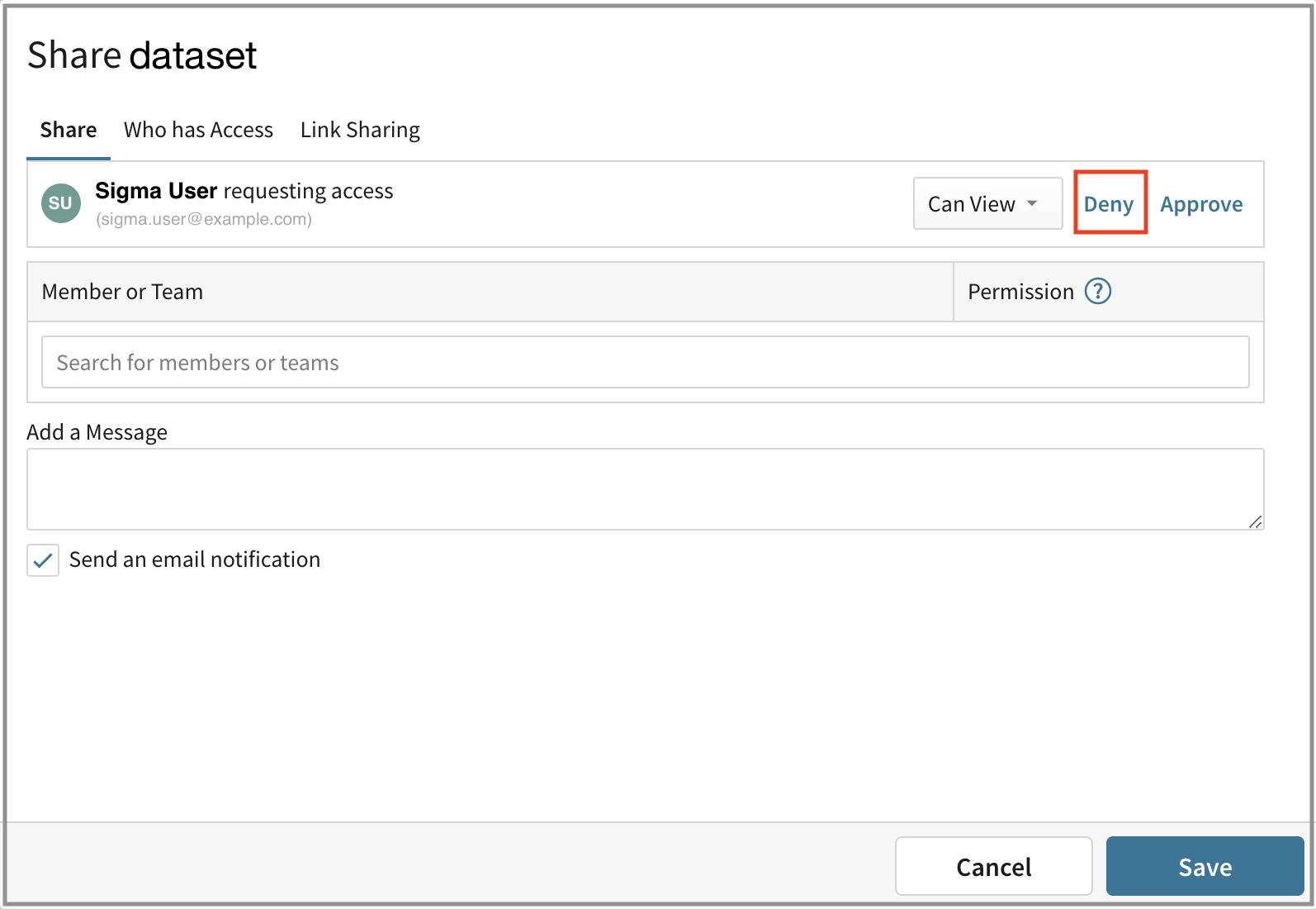 The Share dataset modal with the Deny option highlighted for a pending access request.