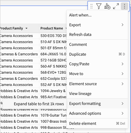 The element menu open showing the Expand table to first 1k rows option, along with other options like Export, Duplicate, and Delete element.