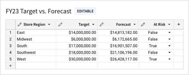 Input table titled FY23 Target vs. Forecast with Store Region as a linked column and Target, Forecast, and At Risk as editable columns.