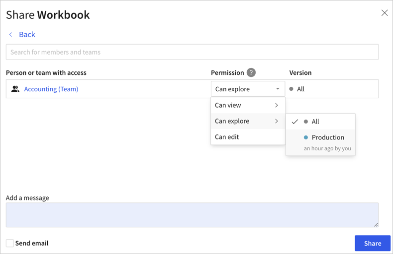 The Share Workbook modal with the Accounting team's Permission dropdown open and a version submenu showing All selected and a Production version tag option.