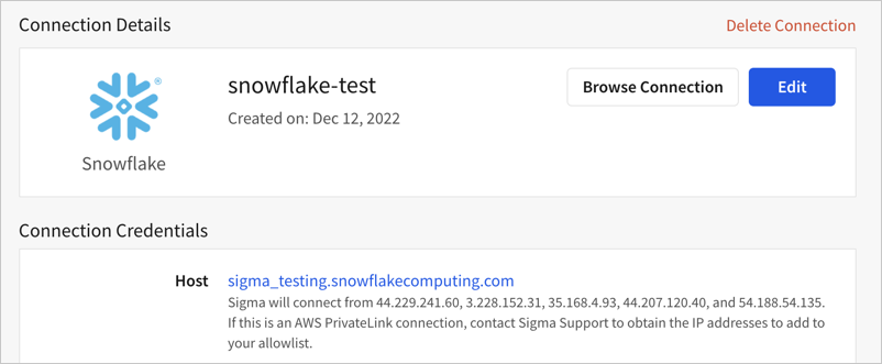 The Connection Credentials section of a Snowflake connection named snowflake-test, with the Host value followed by the list of IP addresses Sigma connects from.