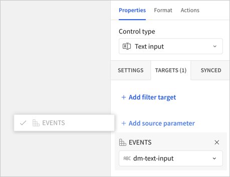 Target tab of a text control with add source parameter selected and the Events data model chosen. The available control IDs are listed in a dropdown menu.