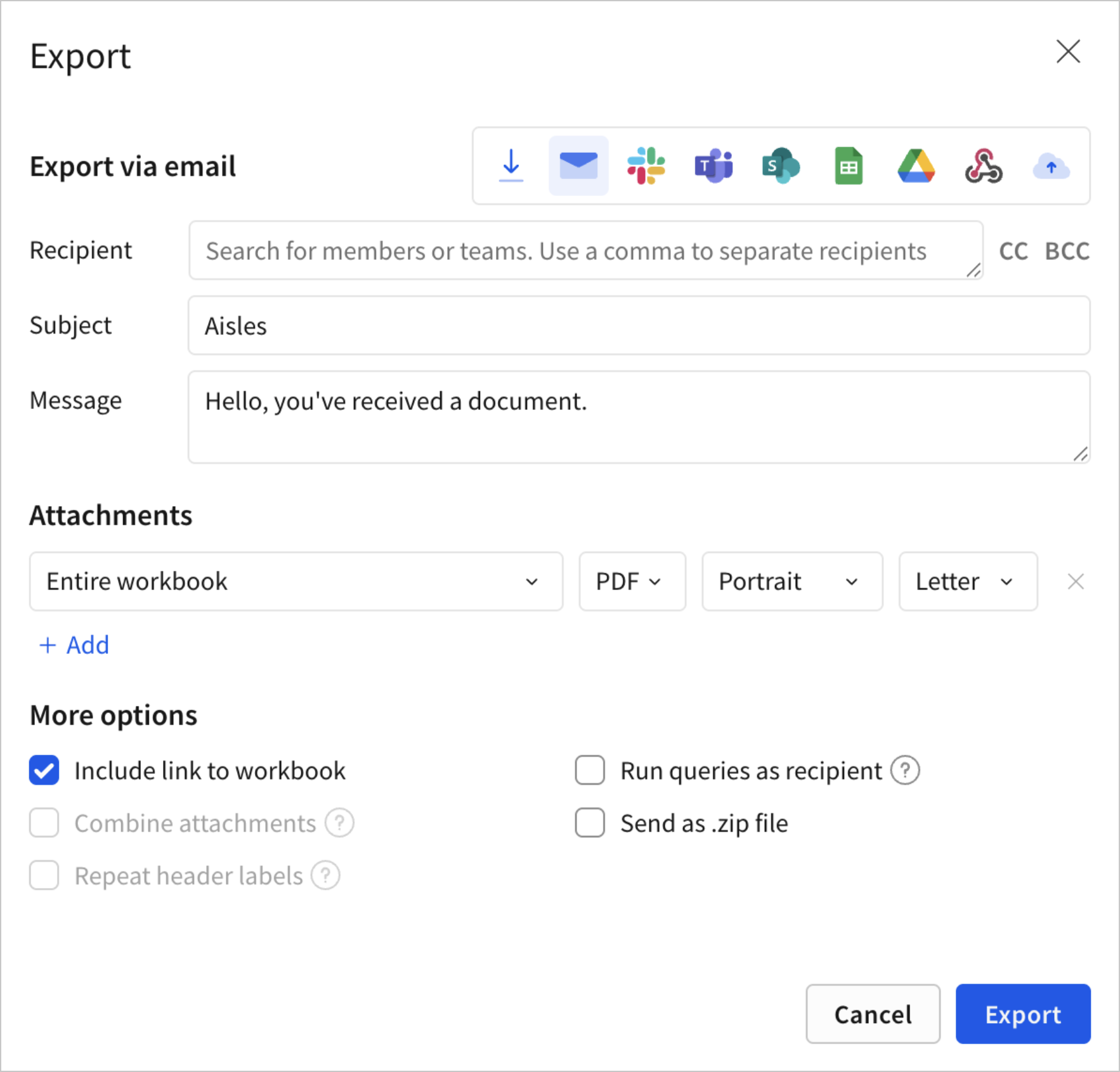 The Export dialog with Email selected, showing Recipient, Subject, and Message fields, CC and BCC toggle links above the Recipient field, and Attachments and More options sections below.