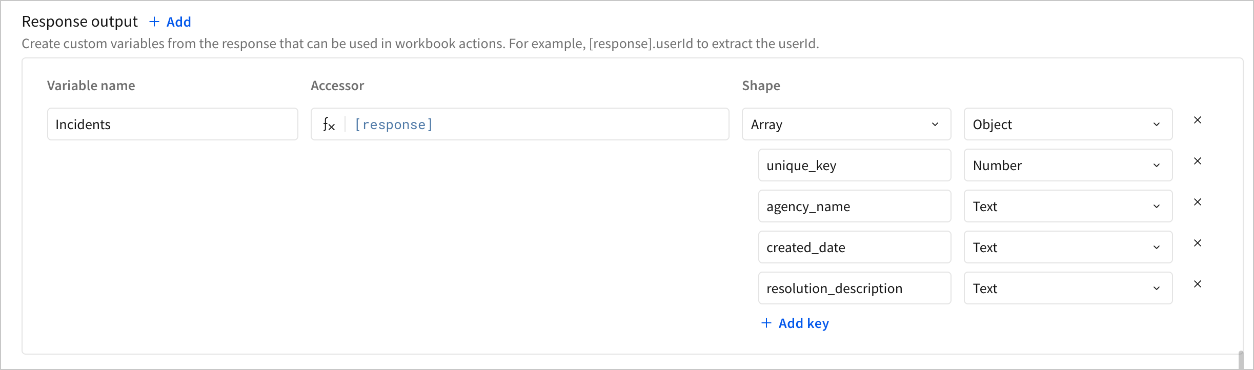 The configuration of a custom action variable shows the response treated as an array of objects, with four properties parsed from the object