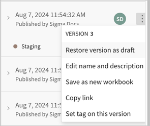 Version history with the More menu open on a published version, showing options including Restore version as draft.