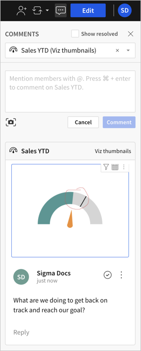 Workbook comments pane open with an option to add a comment, and the added comment with the element name as the title, workbook name mentioned, image of the element, and comment below.