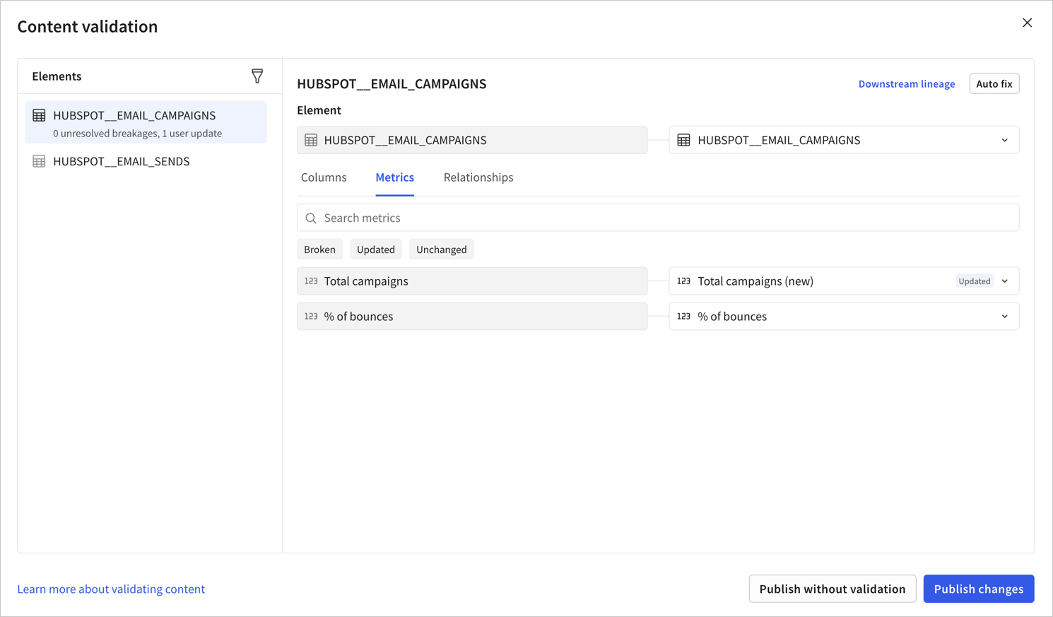 Content validation modal with a Hubspot email campaigns element selected and the metrics tab for the element selected. One metric, Total campaigns, is mapped to a replacement metric, Total campaigns (new), and is shown as updated.
