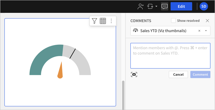 Comment menu with the element selected, a text box to add a comment, an option to capture a screenshot, and cancel and comment buttons.