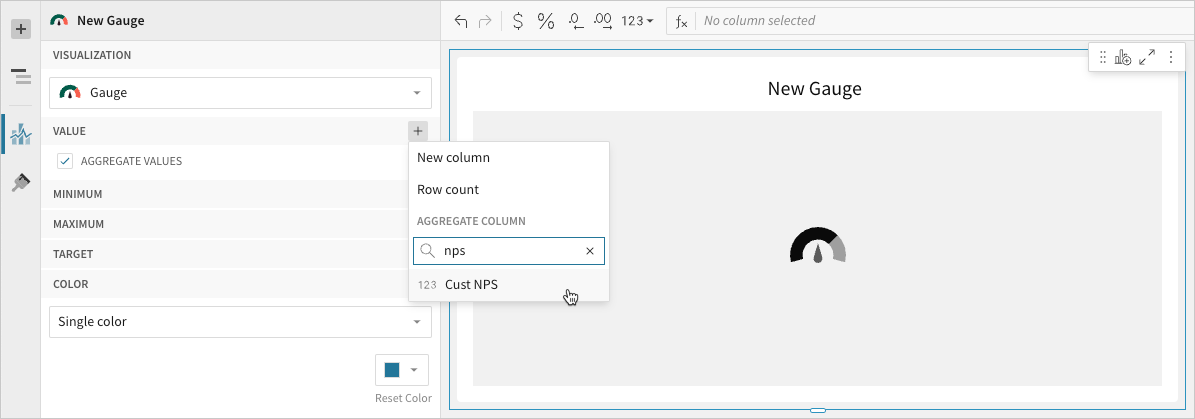 New Gauge editor with the Value property + menu open, showing New column, Row count, and an Aggregate column search field with "nps" entered and Cust NPS highlighted.