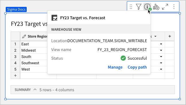 Hovering over the view warehouse view info option in the element toolbar to view the location, view name, and status of the view. This one is successful.