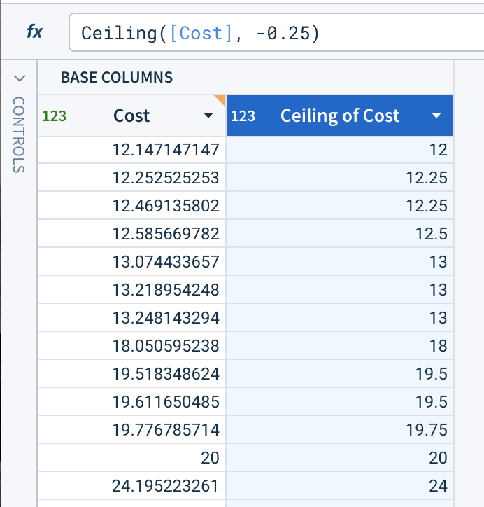 For given cost data of 12.14, 12.25, 12.46, 12.58, 13.07, 13.21, 13.24, 18.05, and others, the ceiling of cost column has values of 12, 12.25, 12.25, 12.5, 13, 13, 13, and 18.