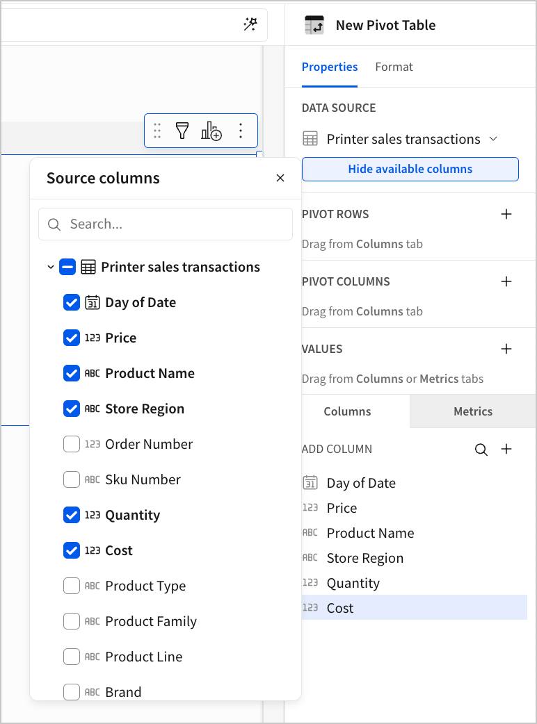 The Source columns popover with the Quantity and Cost checkboxes selected to make them available for the pivot table calculations.