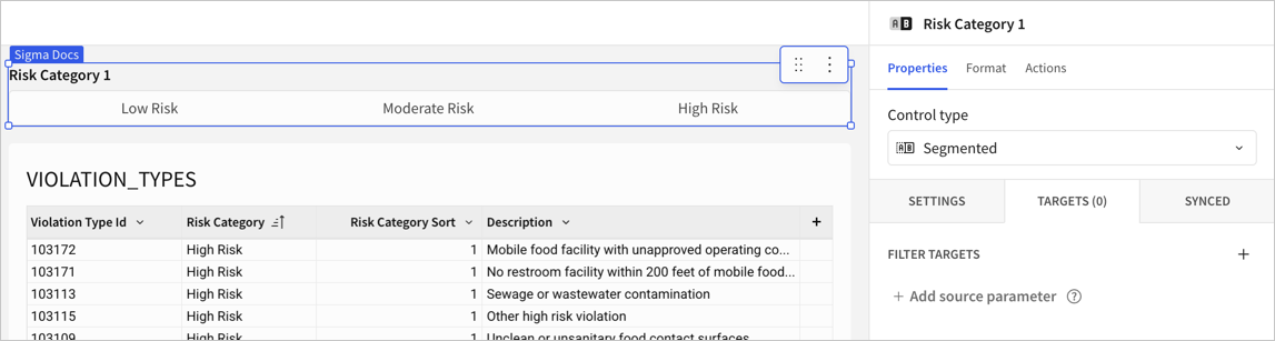 Element properties panel with the control selected, hovering over the Targets tab between Settings and Synced.