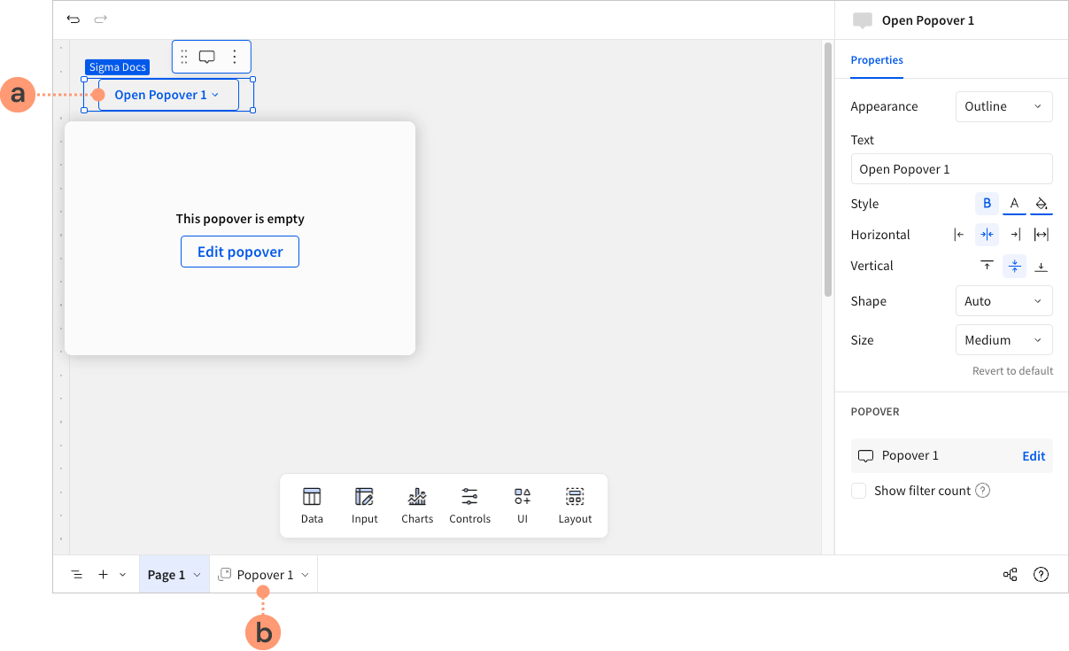 A workbook draft with callout a pointing to the Open Popover 1 trigger button on the workbook page, and callout b pointing to the Popover 1 configuration page tab in the workbook footer.