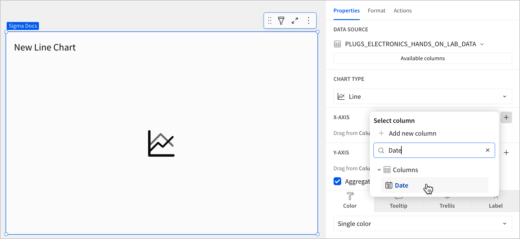 A blank line chart titled New Line Chart with the cursor hovering over a column named Date in the Select column popover, and the word Date entered in the search box.