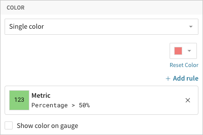 Color property with a conditional formatting rule applied to Metric where Percentage is greater than 50%, styled green.