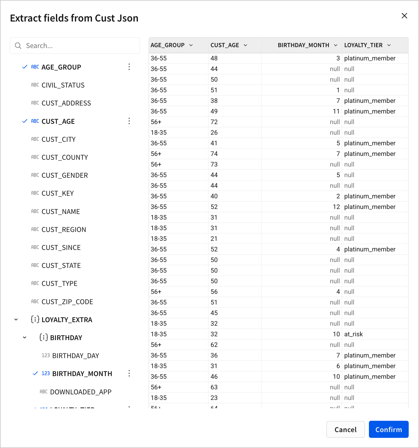 The Extract fields from Cust Json modal, with a searchable list of JSON keys and checkboxes (AGE_GROUP, CUST_AGE, and BIRTHDAY_MONTH selected) beside a preview of the extracted column values.