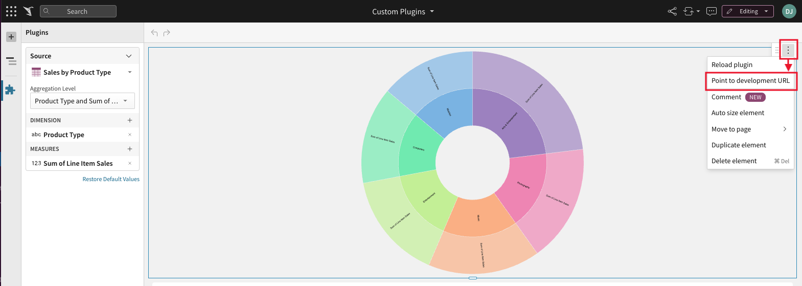 The plugin element menu with Point to development URL highlighted.