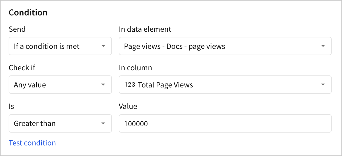 Conditional alert for an element configured to send if the total page views column has any value that is greater than 100000