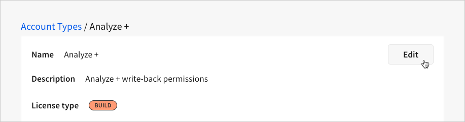 Image of the top of a custom account type summary screen showing the account type name, description, and license, with the cursort hovering over the Edit button.