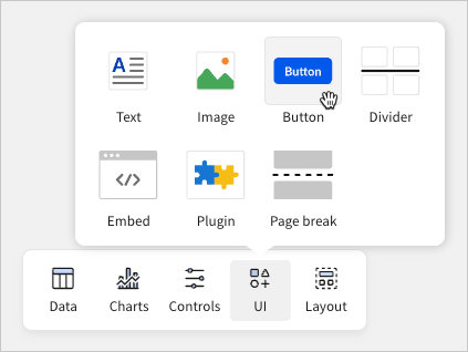 An image of the Add element bar with the UI > Button option highlighted for selection