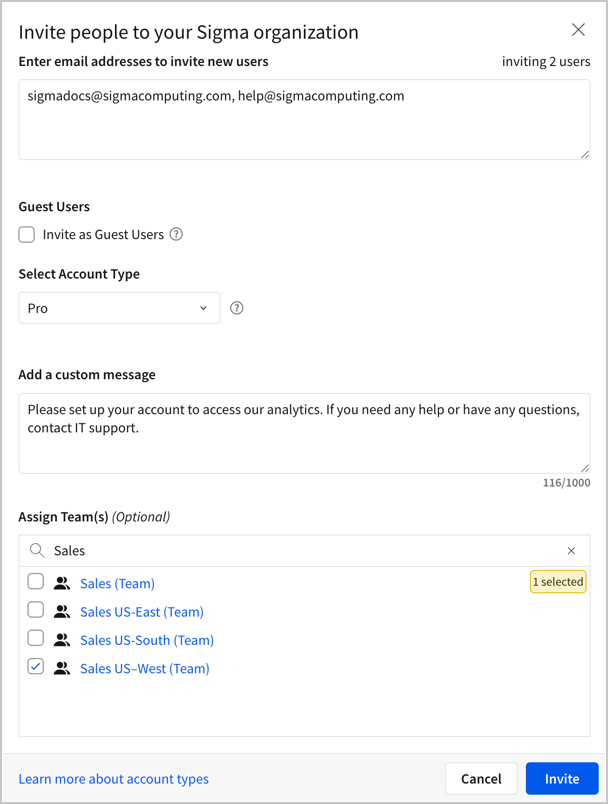 The Invite people to your Sigma organization modal with 2 email addresses entered, Select Account Type set to Pro, a custom message added, and the Sales US-West team assigned.