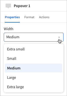 The editor panel Properties tab with the Width dropdown open, showing Extra small, Small, Medium, Large, and Extra large options.