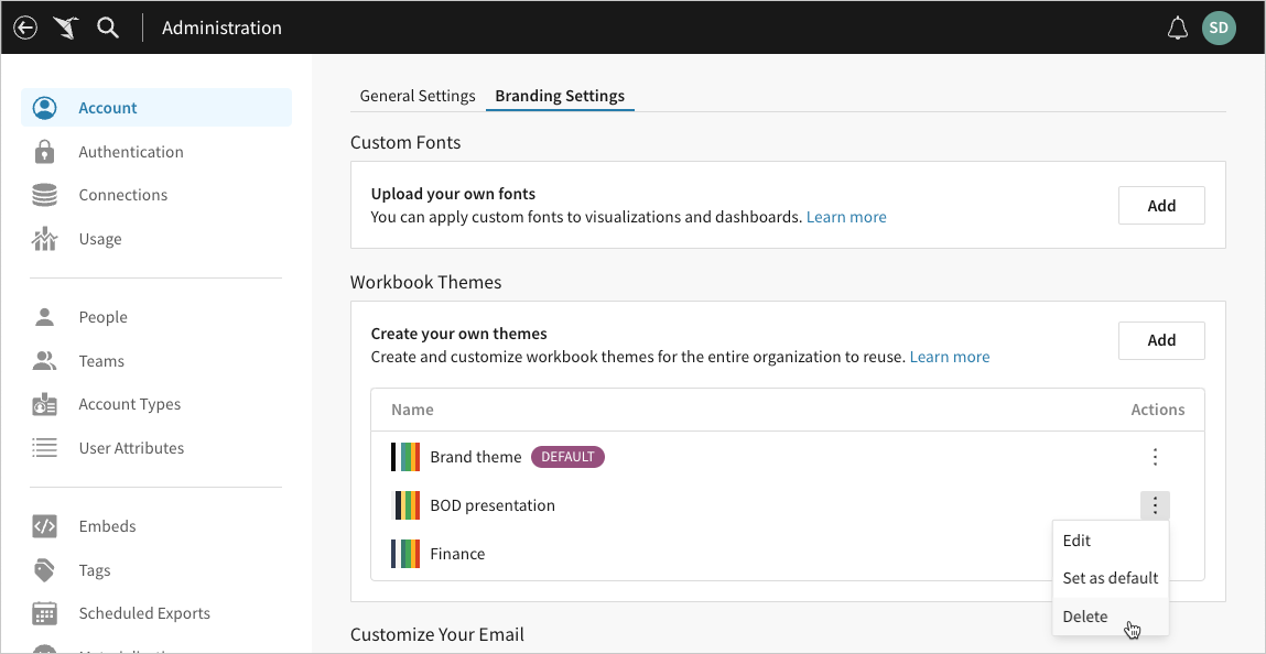 More menu open for a workbook theme, hovering over the option to Delete