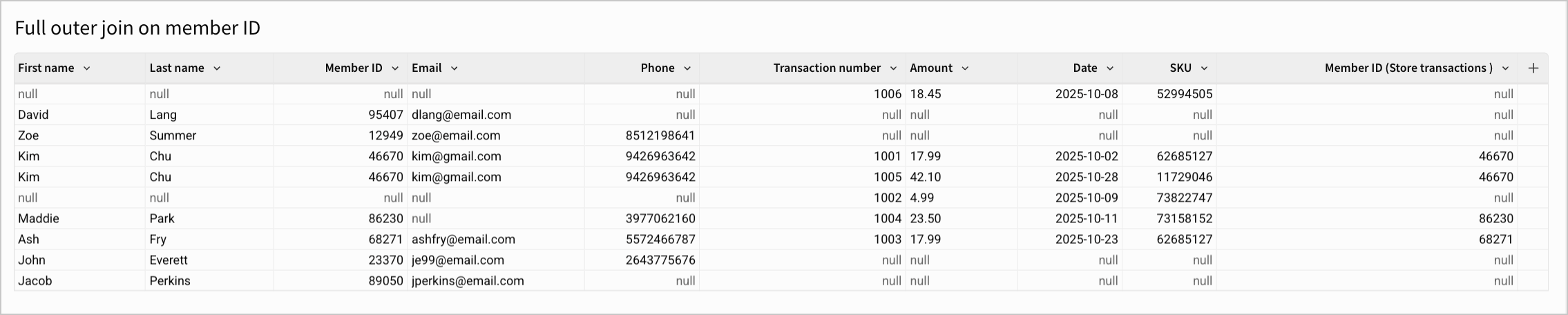 Full outer join result of the customer registry and store transactions tables on Member ID column.