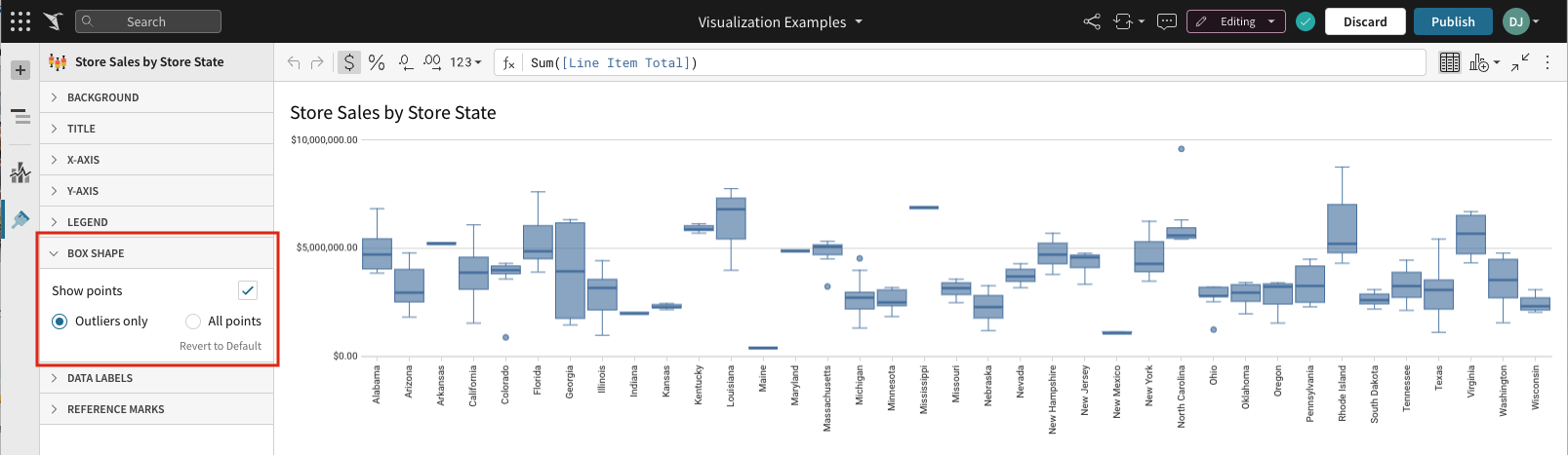 The Box shape format panel with Show points checked and Outliers only selected, showing only points outside the boxes on the chart.