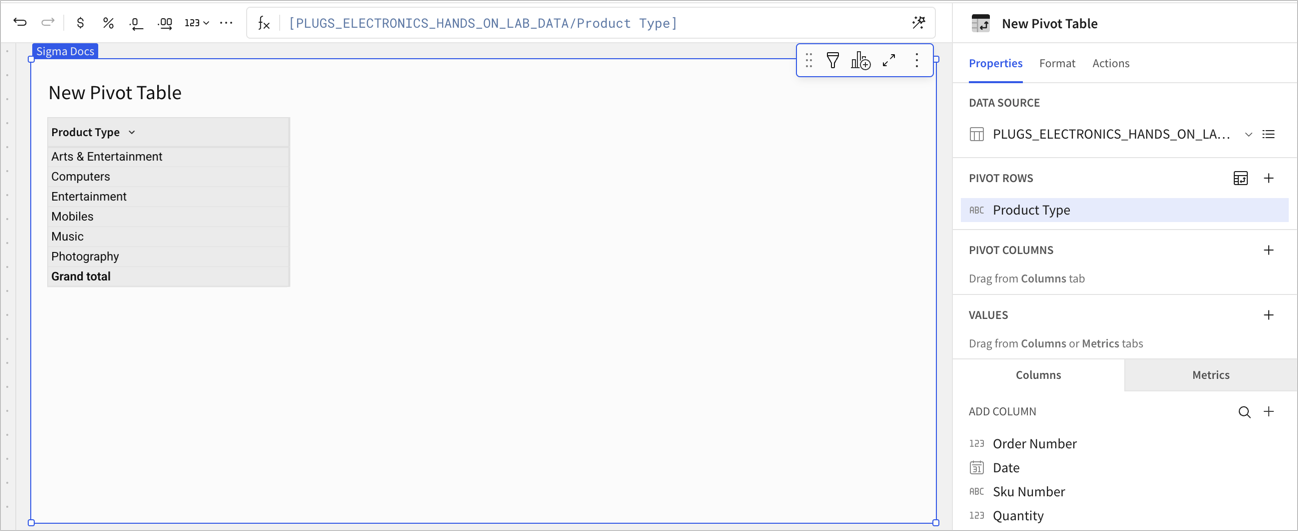 New pivot table with Product Type added as the only pivot row, listing each product type with a Grand total row, and Product Type shown under Pivot rows in the Properties tab.