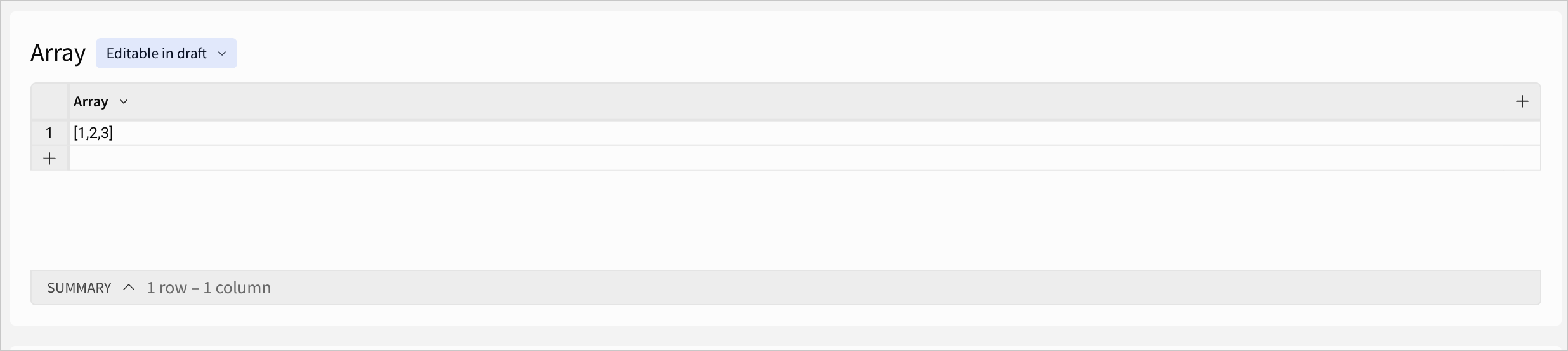A table named Array shows one row with an array with three items, the numbers 1, 2, and 3