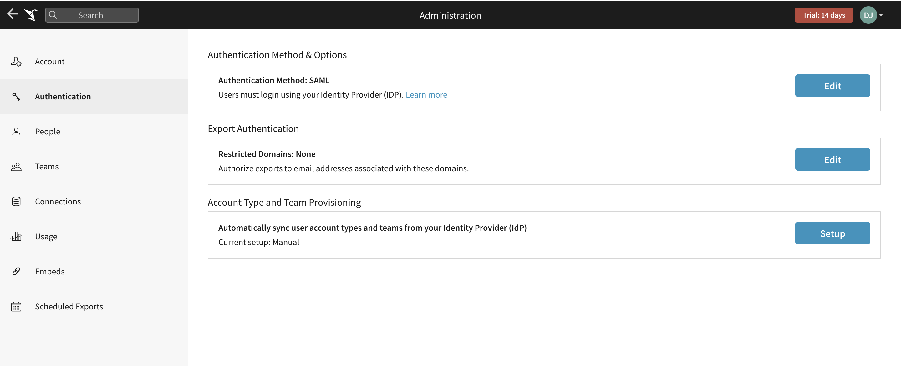 The Sigma Admin Portal Authentication page showing the Account Type and Team Provisioning section with a Setup button and the current setup listed as Manual.
