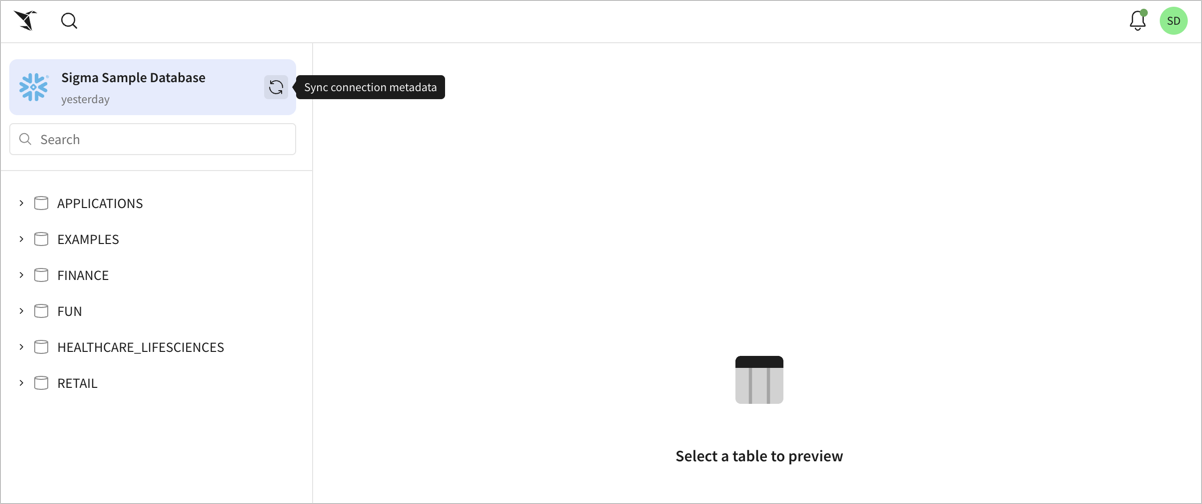 The connection browser for Sigma Sample Database with the cursor hovering over the Sync connection metadata button next to the connection name.