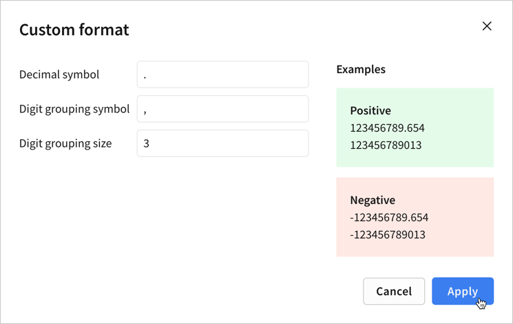 The Custom format modal with Decimal symbol set to a period, Digit grouping symbol set to a comma, and Digit grouping size set to 3, with example previews showing positive and negative formatted numbers