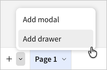 The workbook footer More options menu showing the Add modal and Add drawer options.