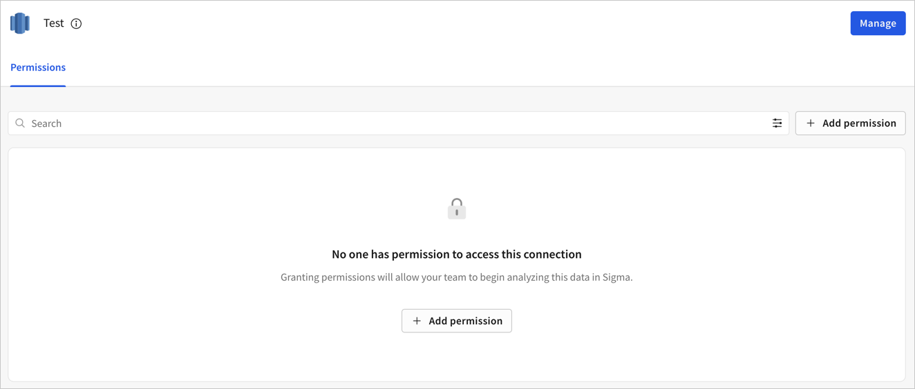 The Permissions tab for a new Redshift connection named Test, showing the empty state message No one has permission to access this connection.