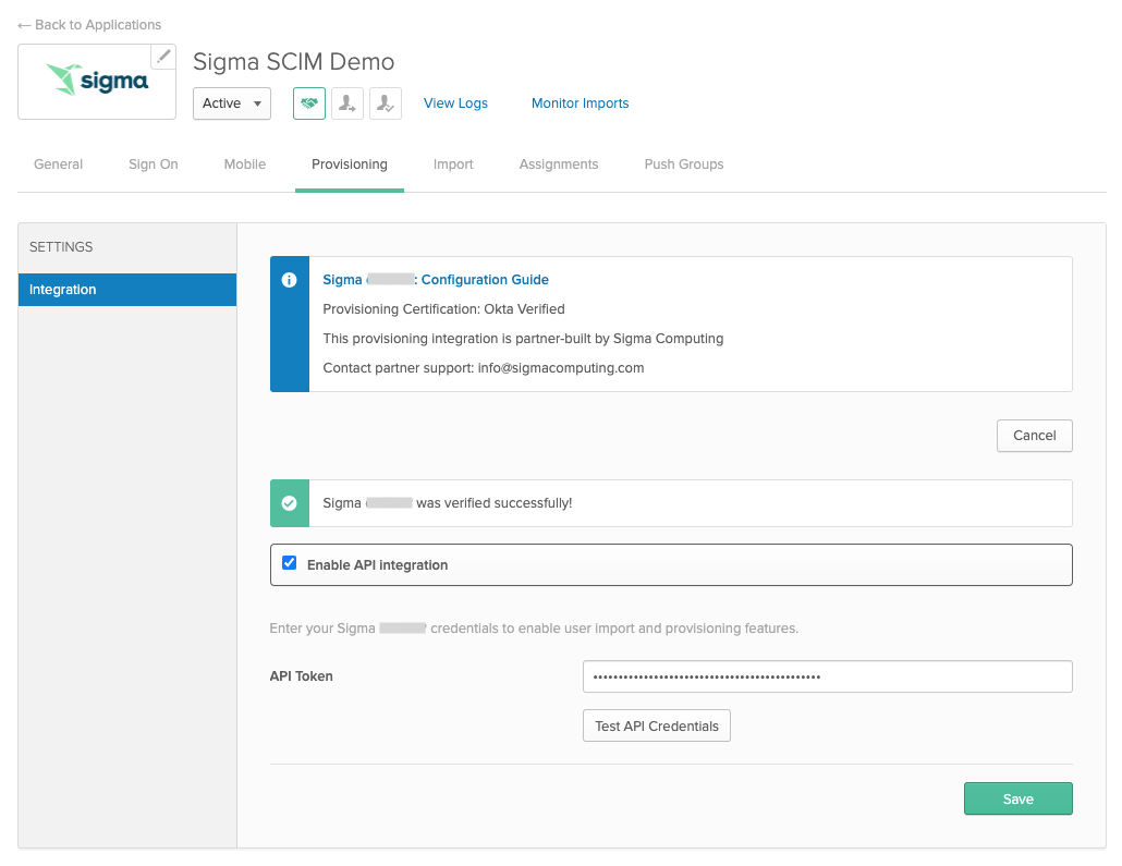 The Okta Provisioning integration settings with Enable API integration selected, a success message, the API Token field filled in, and a Test API Credentials button.