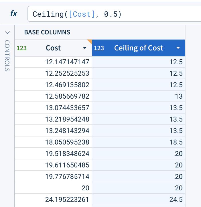 For given cost data of 12.14, 12.25, 12.46, 12.58, 13.07, 13.21, 13.24, 18.05, and others, the ceiling of cost column has values of 12.5, 12.5, 12.5, 13, 13.5, 13.5, 13.5, and 18.5.
