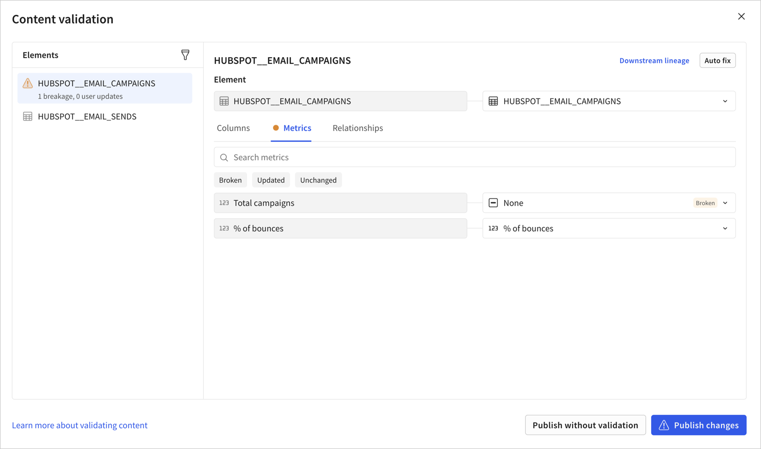 Content validation modal with a Hubspot email campaigns element selected and the metrics tab for the element selected. One metric, Total campaigns is mapped to no replacement and is showing as broken.