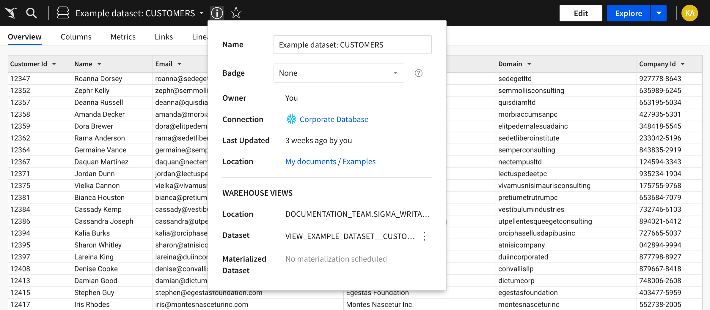 Dataset information panel, showing the Location and Dataset fields in the Warehouse Views section.